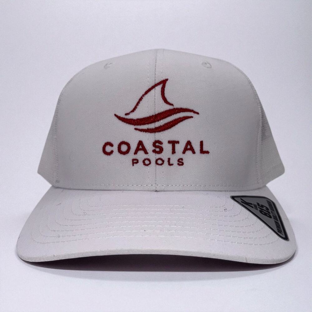 Coastal Pools Embroidered Trucker Hat | White & Red Mesh Snapback
